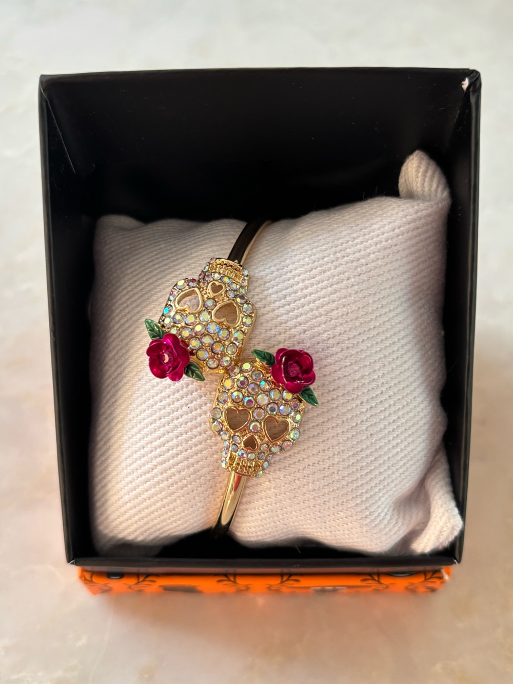 NIB True to Form Gold-Tone faux Crystal Sugar Skull Cuff Bracelet